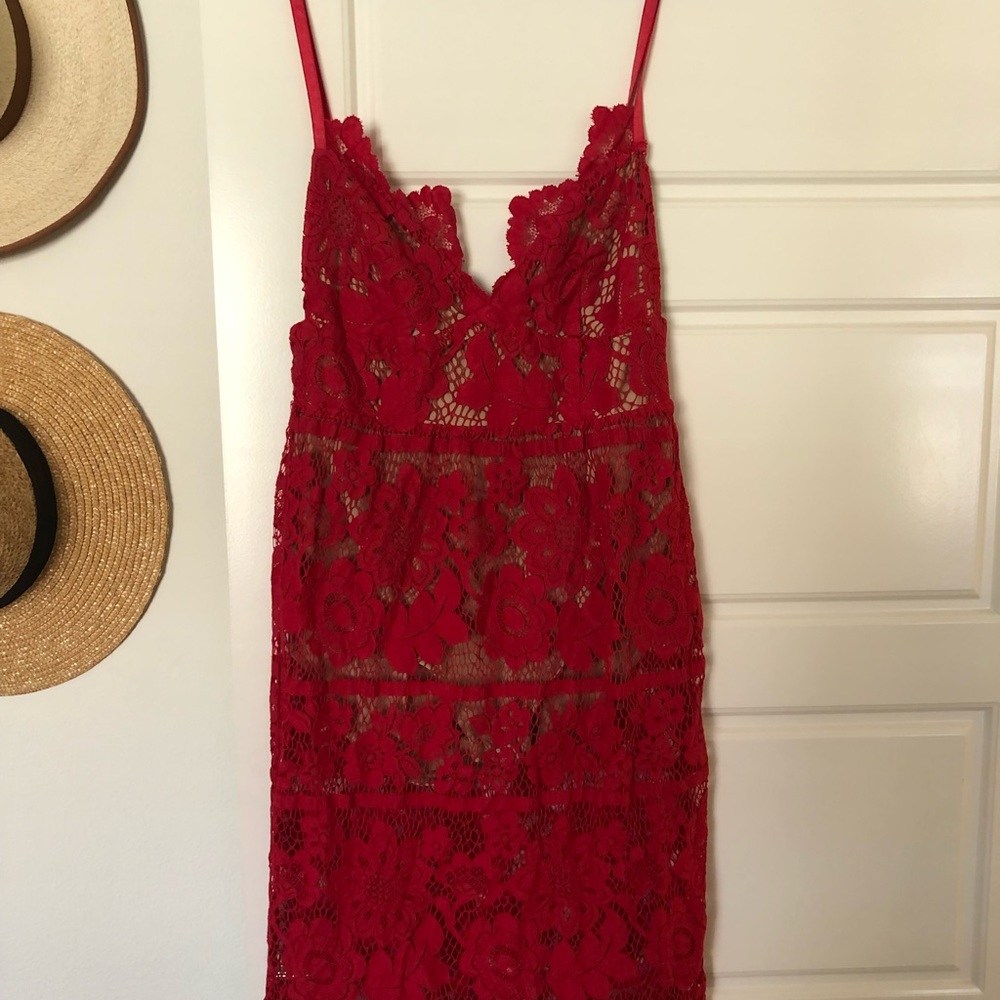 For Love and Lemons, size small, red lace dress.